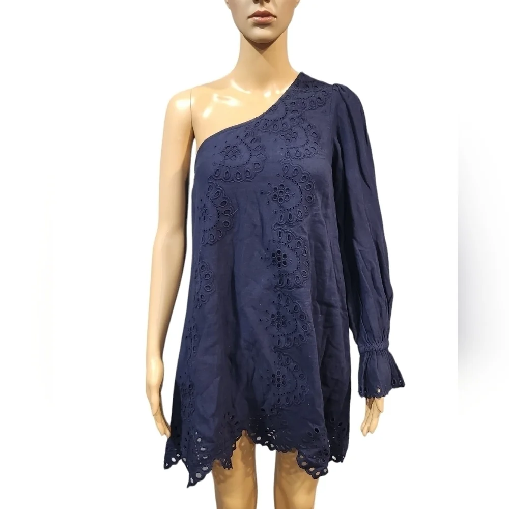 NWT Hill House The Mila women's navy cotton linen one hand lace trim dress XXS - Picture 9 of 9